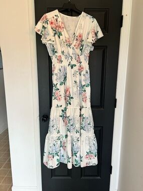 SHEIN White Floral Wrap Maxi Dress with Pink & Green Accents